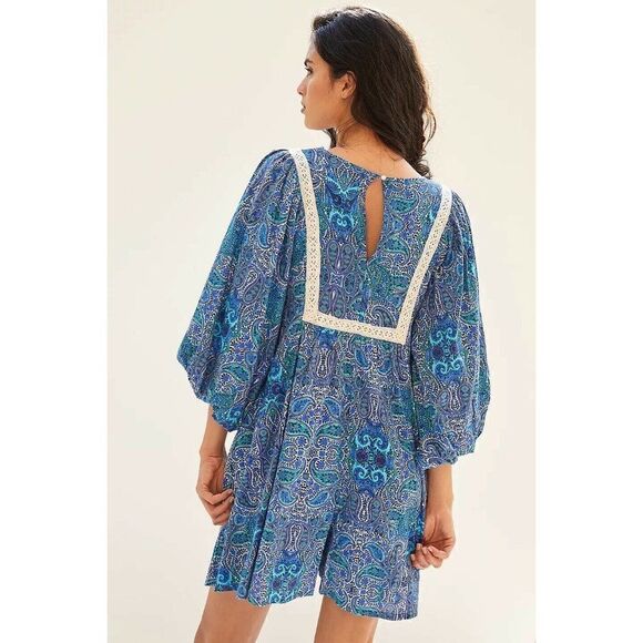 NWT ANTHROPOLOGIE Sz S LISSA ROMPER PLAYSUIT JUMPSUIT PRINTED EMBROIDERED BLUE - Picture 3 of 4